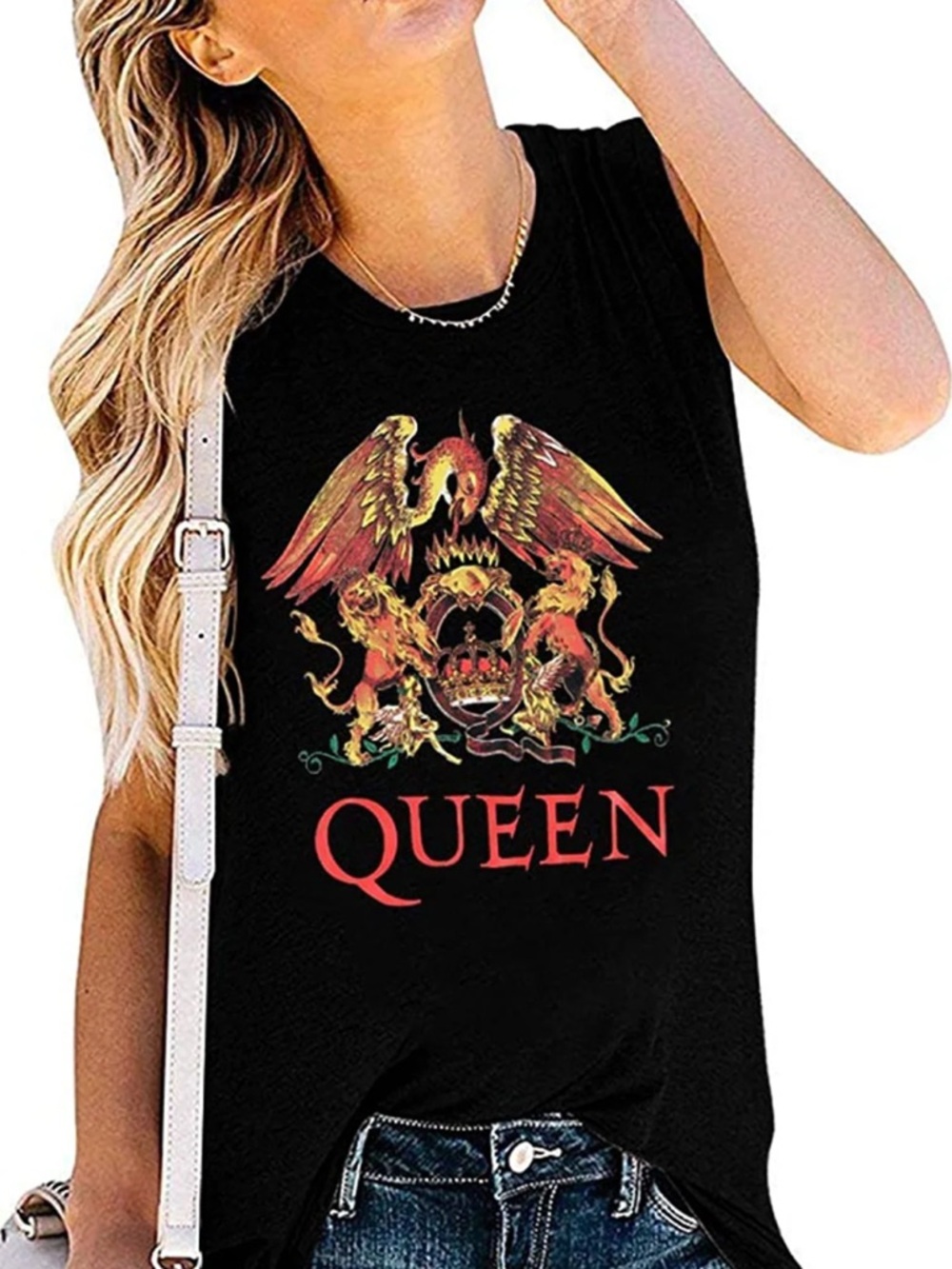Amazon Black Muscle Tee with Multicolor Queen Crest Graphic